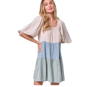 170. Women's Seafoam/Sage/Oatmeal Colorblock Linen Babydoll Dress NWT
